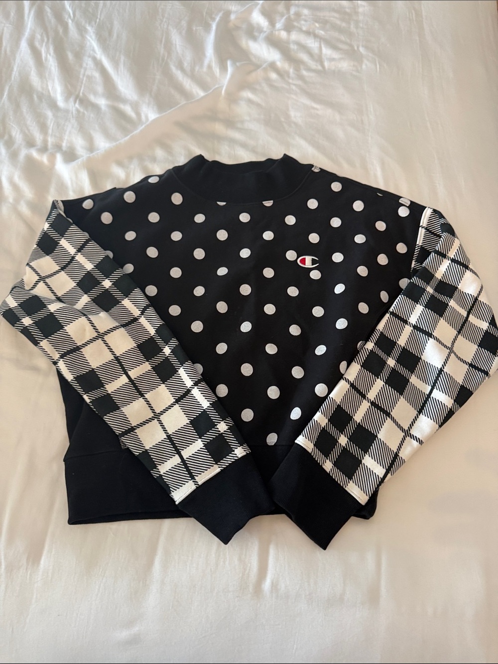 Champion Black & White Polka Dot Crewneck with Plaid Sleeves